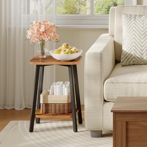 Side Table, Small Rectangular End Table with Storage Shelf, 2-Tier Rustic Brown