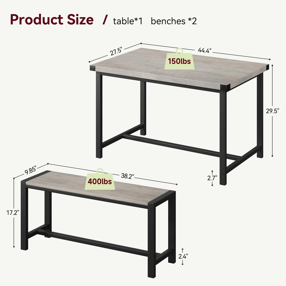 3 Piece Dining Room Table Set for 4 Modern Dinette Kitchen Table and 2 Benches