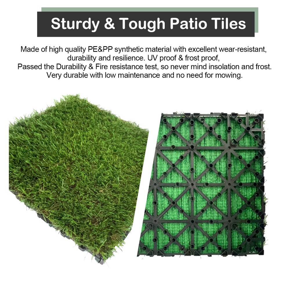 A set of 35 self-draining artificial turf tiles with interlocking features