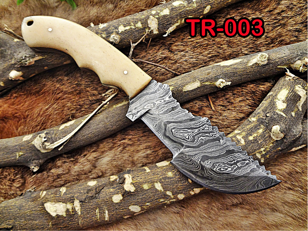 10" Long tracker Knife, Damascus steel Blade, Bone scale, Leather sheath