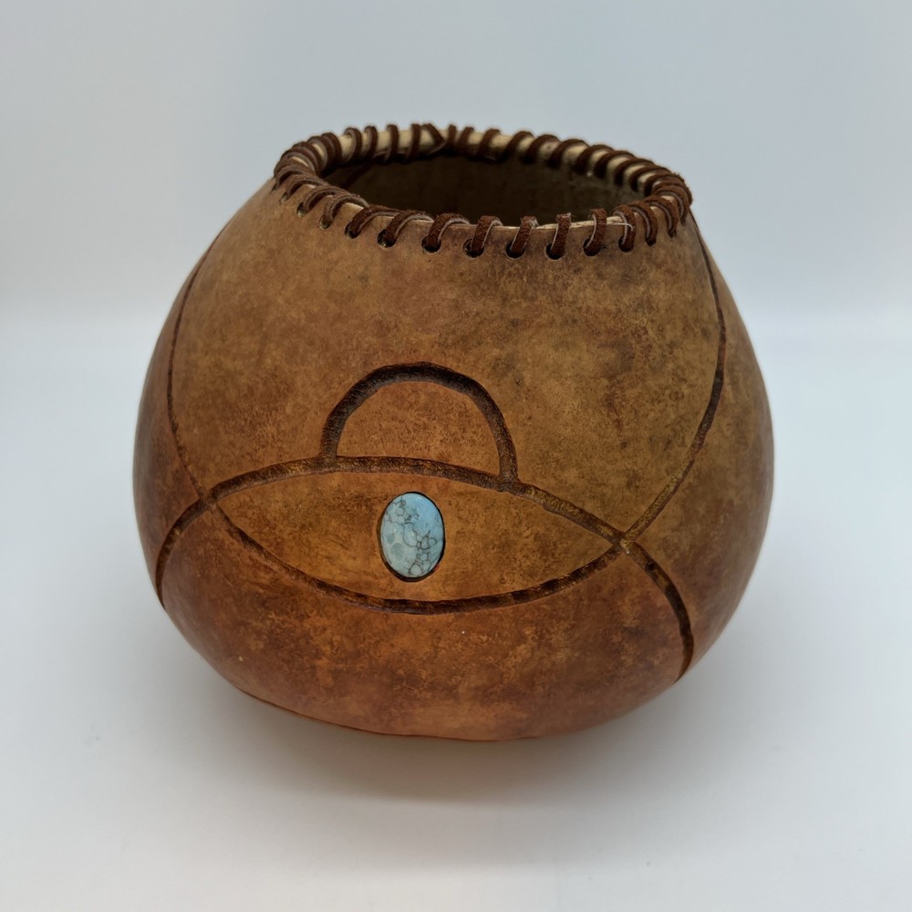 Handmade Decorative Gourd With Blue Accent And Leather Trim