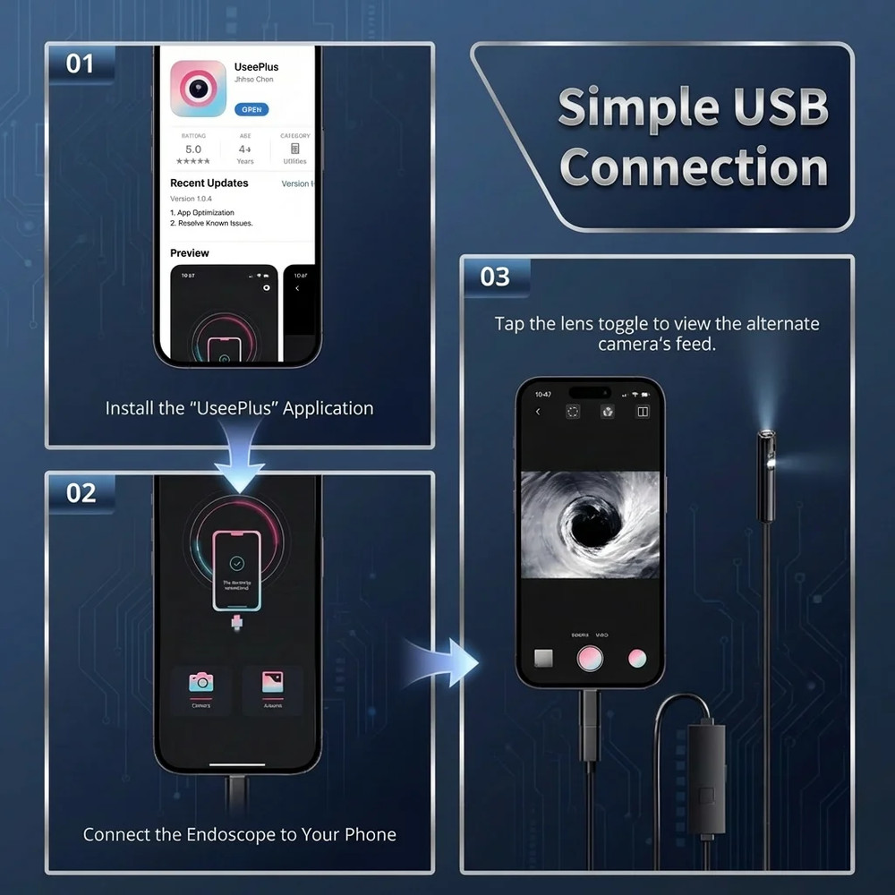 1920P Endoscope Camera 8mm for iPhone Android Type-C Borescope LED IP67