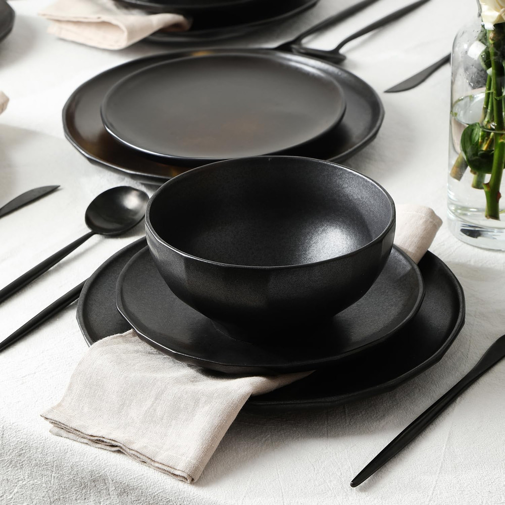 Rio 12-Piece Black Stoneware Dinnerware Set for Elegant Dining