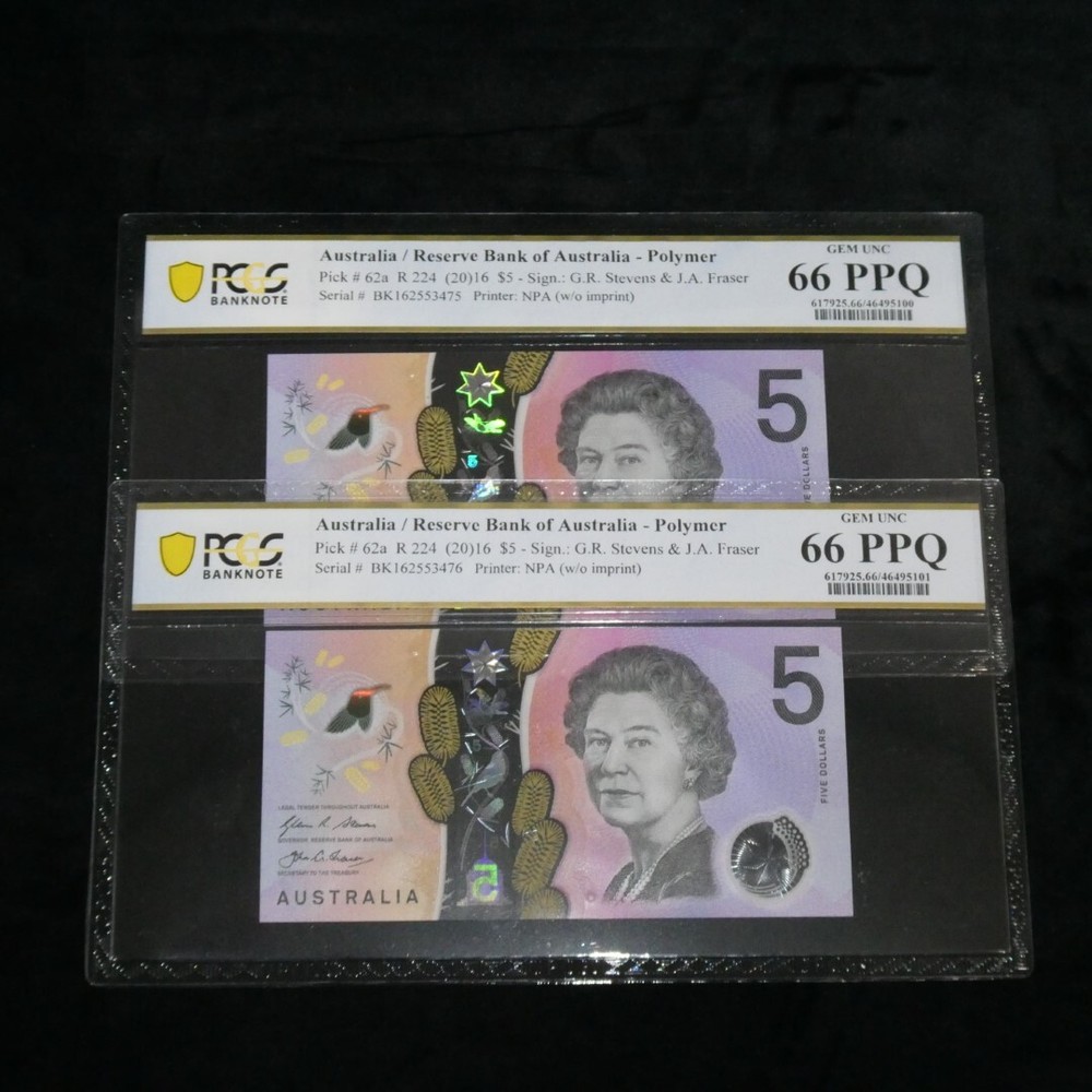 Australia 2016 $5 Consecutive Pair Stevens Fraser Banknotes PCGS 66PPQ #5101