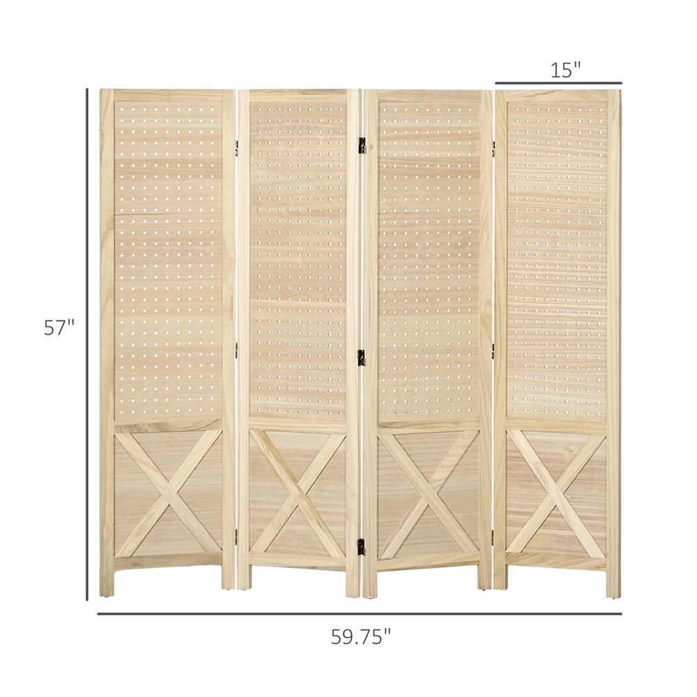 4-Panel Wooden Room Divider Pegboard Display, Folding Privacy Screen Home Office