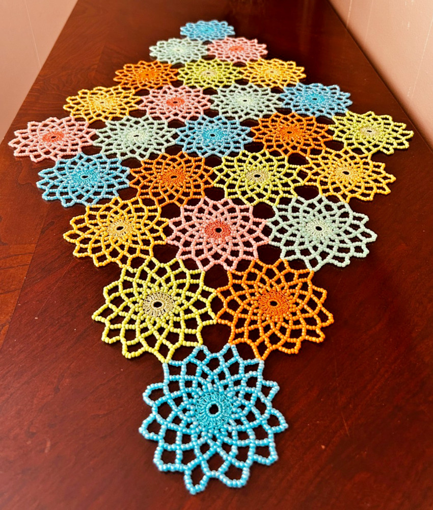 SPRING COLORS CROCHET BEADED DOILY 28"/17" Handmade
