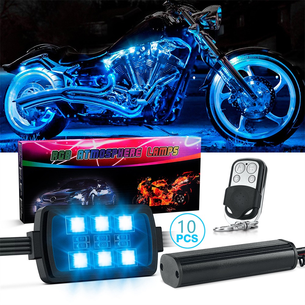 10pcs Multi-Color RGB Underglow LED Light Kit w/Remote Controller For Motorcycle