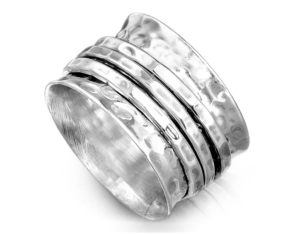 Solid 925 Sterling Silver Spinner Worry Meditation Hammered Band Handmade Ring