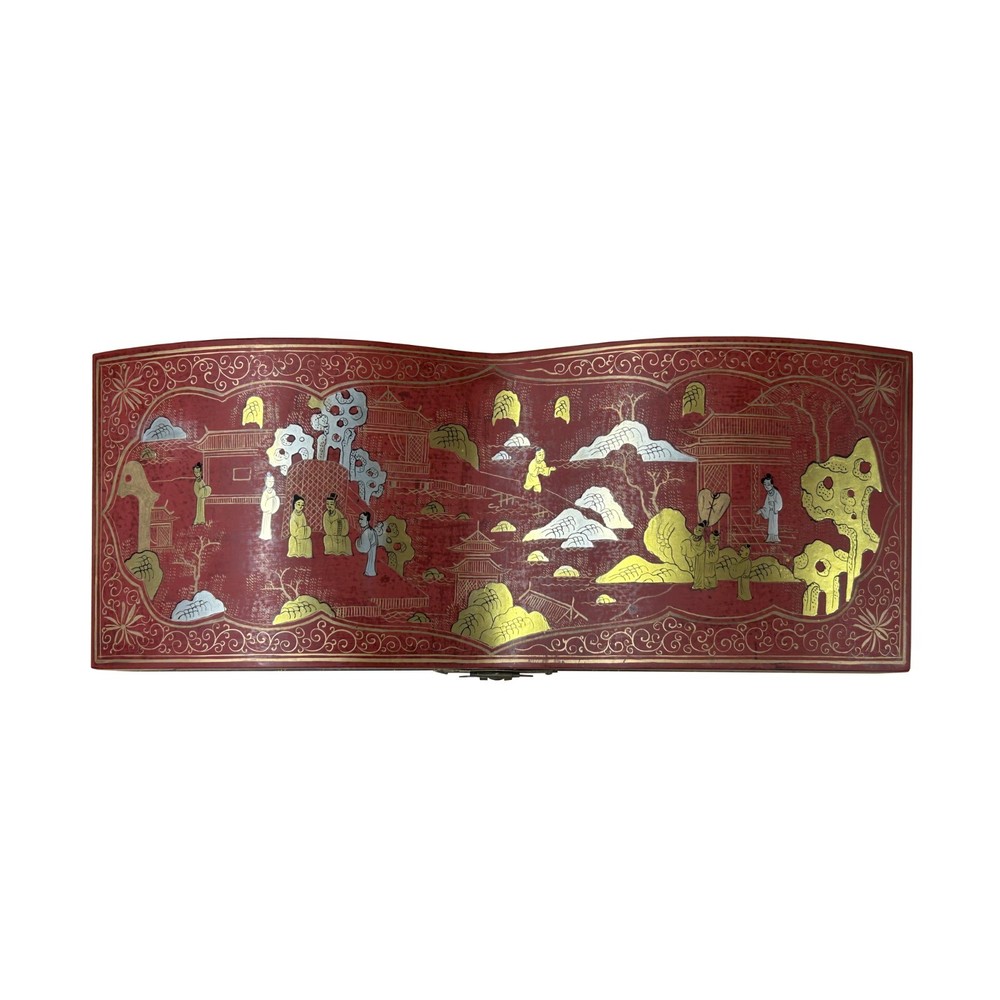 Red Lacquer Chinoiserie-style Gold Silver Scenery Graphic Rectangular Box GB230