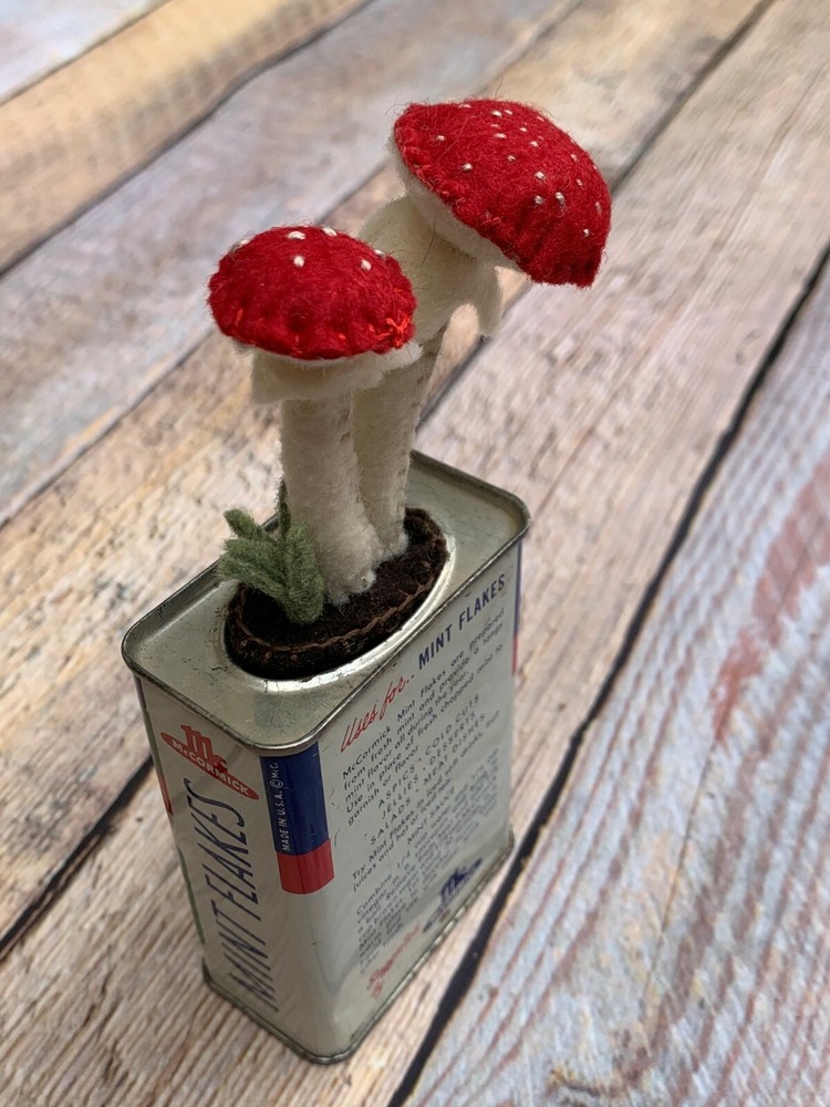Felt Handmade Toadstool Mushroom in a Vintage McCormick Mint Flakes Tin
