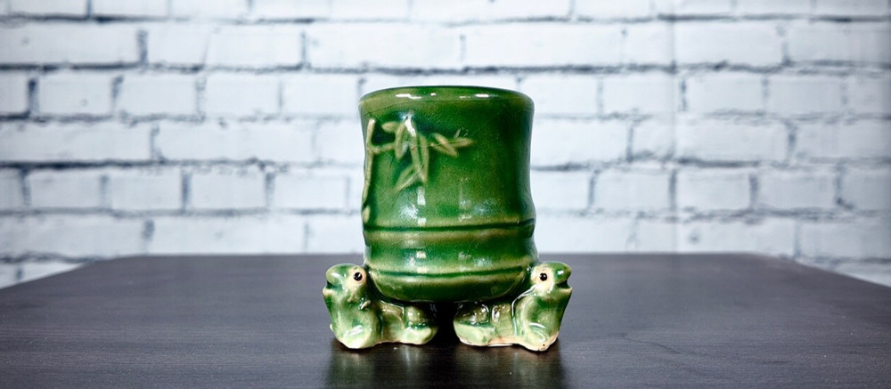 3" Green Frog Footed Bamboo Embossed Ceramic Vase Planter Pot