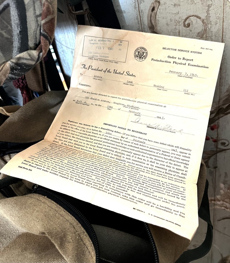 1945 Selective Service Order to Report Preinduction Physical Exam WWII Draft MI