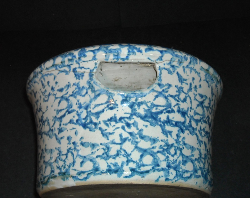 Antique Small Blue & White Spongeware Stoneware Cuspidor Spittoon Saloon