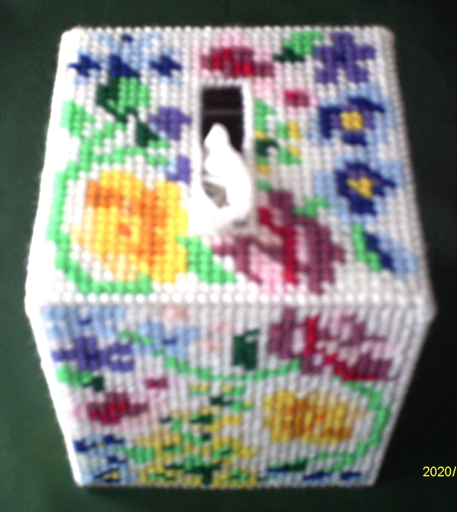 "Spring Flowers" Tissue Box Cover (Plastic & Yarn) Finished