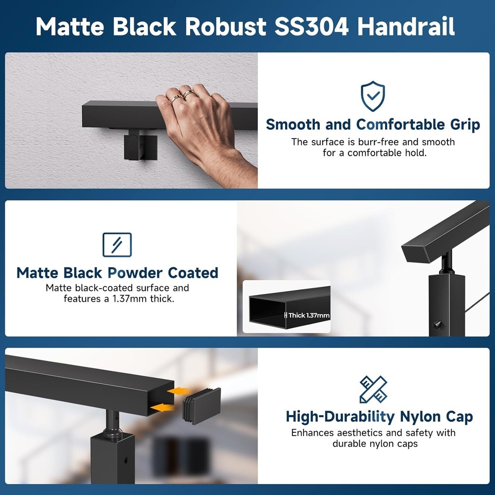 8FT Stainless Steel T304 Black Handrail, 2 Pack Rectangular Cuttable Handrail