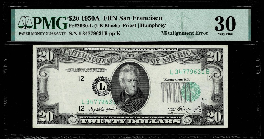 MISALIGNMENT ERROR $20 1950-A FR NOTE  FR.#2060-L  PMG VF30