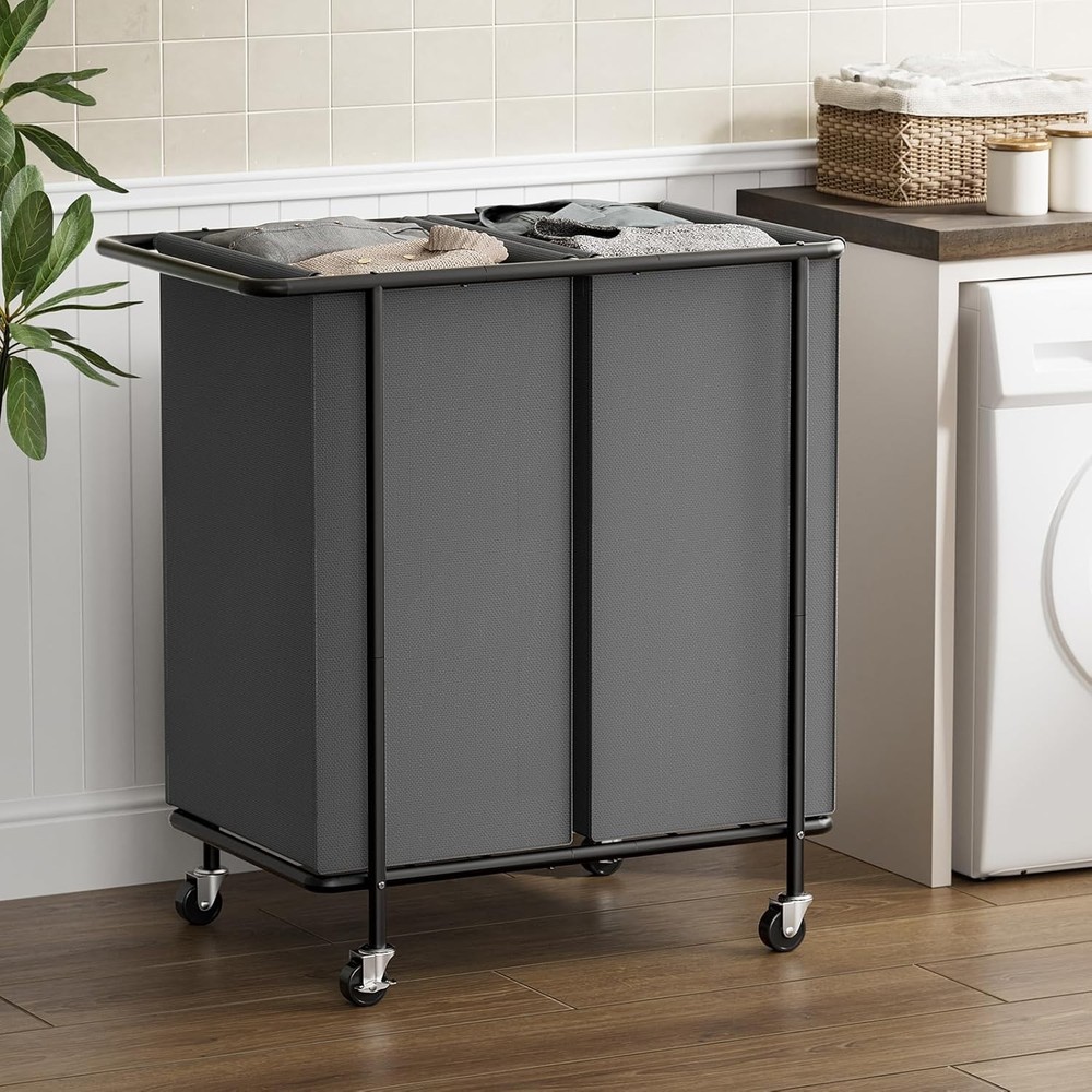 Double Laundry Hamper W/ Wheels,200L Rolling Laundry Basket 2 Section