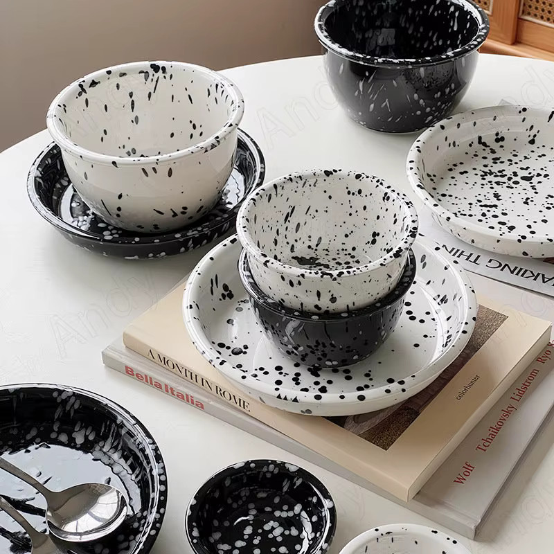 Ceramic Plate Set Splashing Ink Decor Breakfast Bread Plates