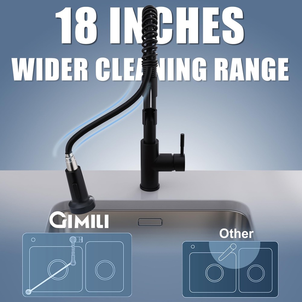Black Kitchen Faucet with Pull Down Sprayer Single Hole Spring Kitchen Sink F...