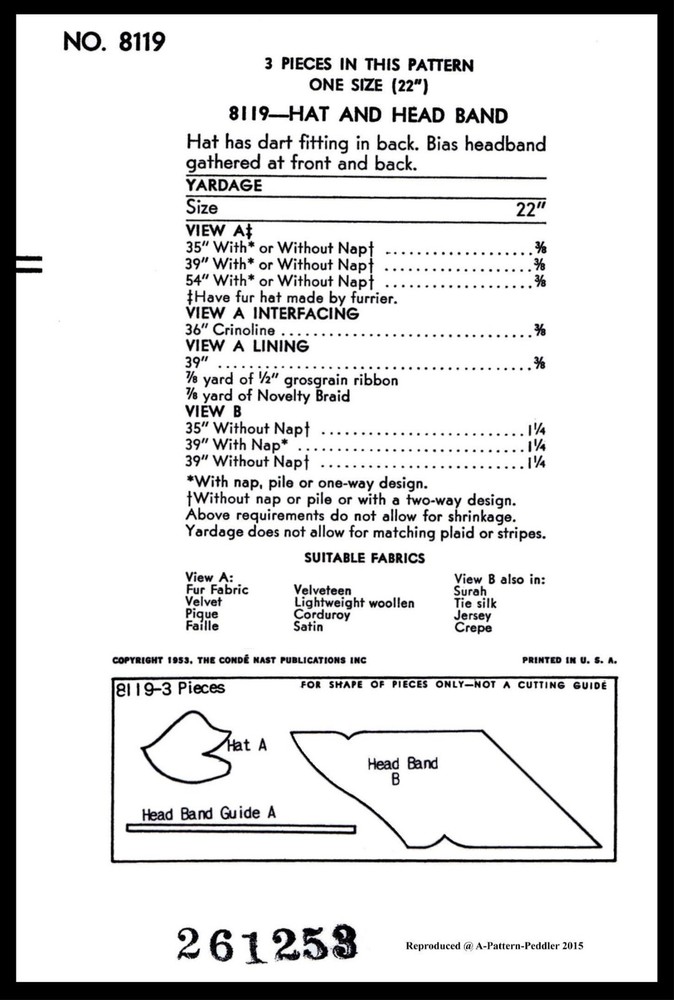 Vogue 8119 Pattern Sally Victor Head Band Hat Cap
