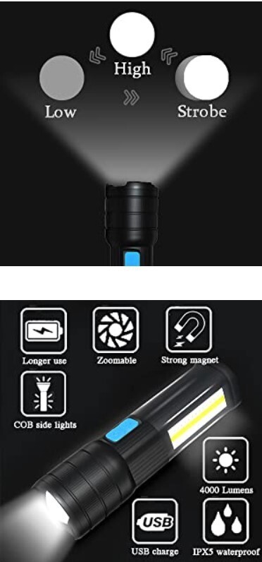 Rechargeable Gymwebeek Flashlights LED Tactical Flashlight COB Side Light