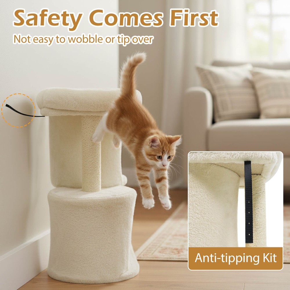 26” Small Cat Tree w/Large Padded Plush Perch, 2 Condos, Sisal Scratching Posts