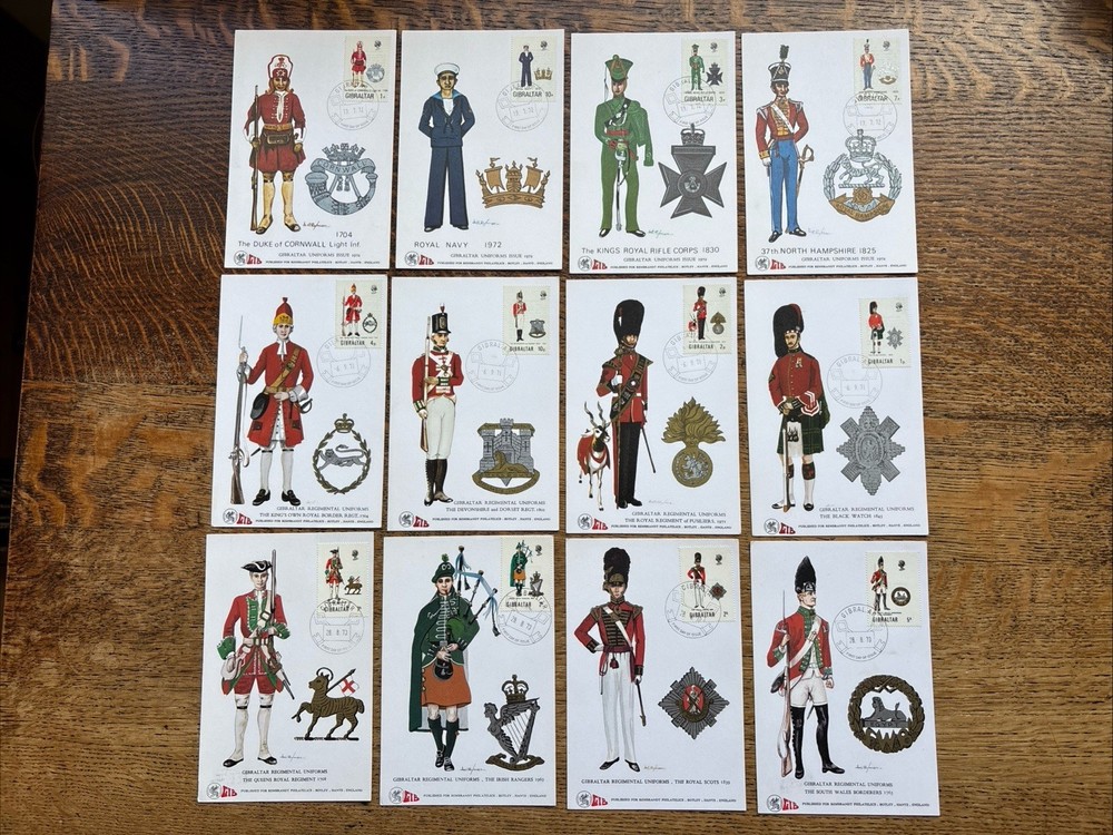 Gibraltar Regimental Uniforms Stamp Postcards ,3 Complete Sets, 1970/71/72,