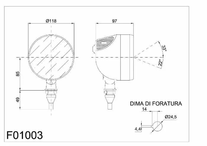 Halogen work light ø 118 mm adjustable with switch, ABS and glass, cable