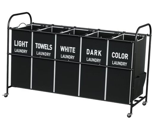 5-Section Laundry Sorter Cart, Large Laundry Hamper with Lockable Rolling Black