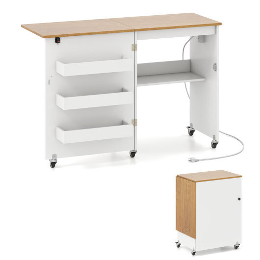 Sewing Machine Table with Charging Station and Lockable Casters-Natural and Whit