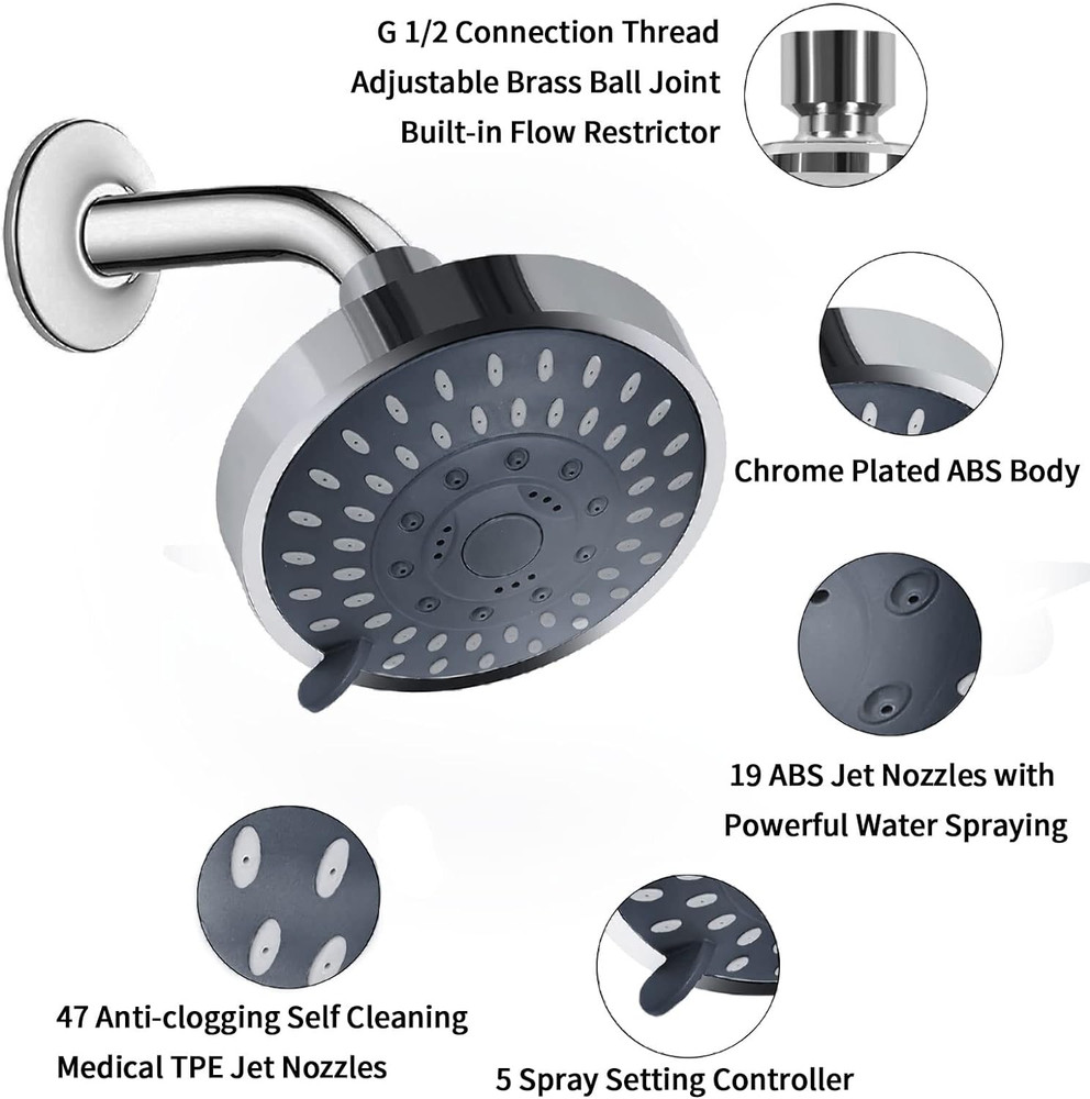 Shower Head High Pressure Rain Fixed Showerhead 5-Setting with Adjustable Metal