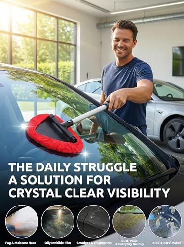 Windshield Window Cleaner Tool, Extendable Long-Reach Handle, Black & Red