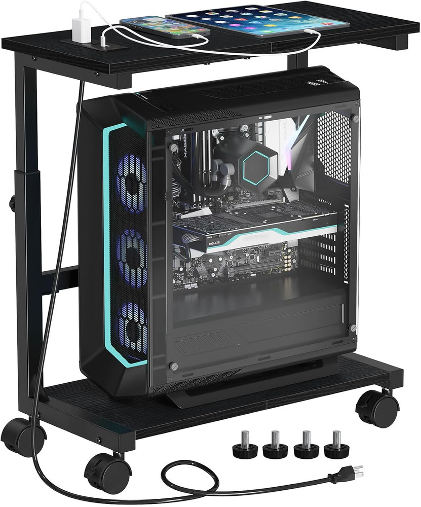 Height Adjustable Computer Tower Stand with Charging Station & Locking Wheels