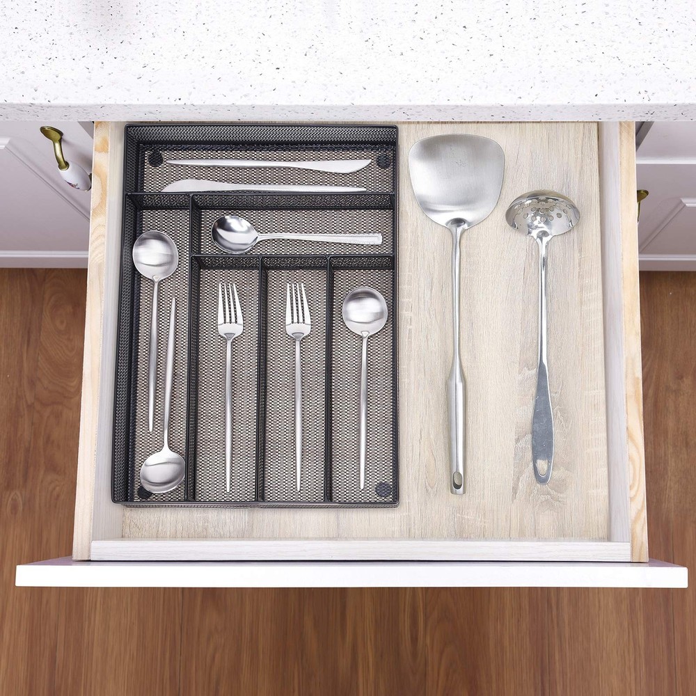 WuGeShop 6 Compartments Metal Mesh Kitchen Flatware Organizer Tray, Silverwar...
