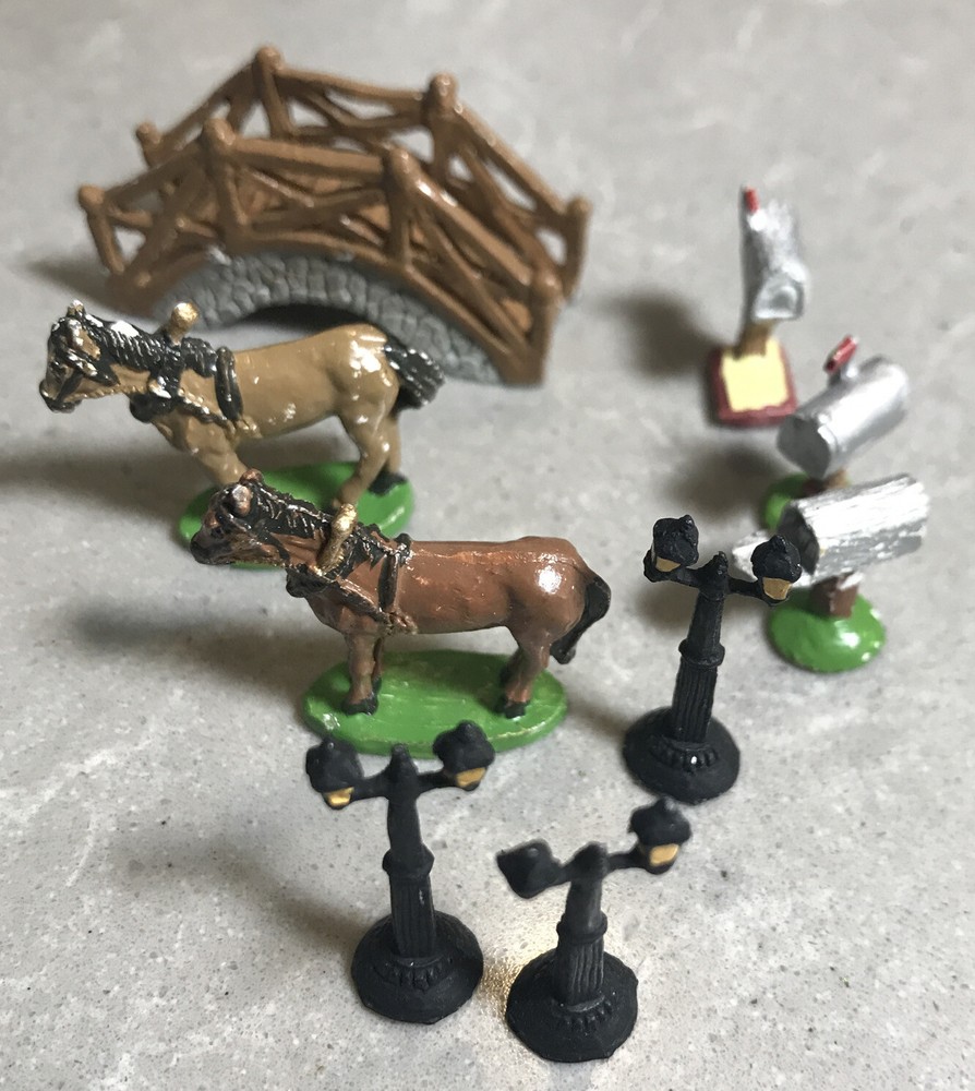 Village Miniature Accessory Set Horses Bridge Mailboxes Lamppost