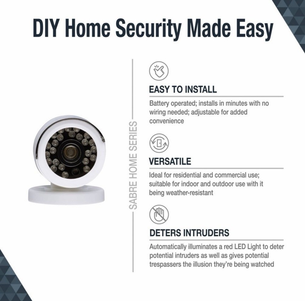 Sabre Fake Security Camera, Adjustable Mount, White, Requires 2 AA Batteries