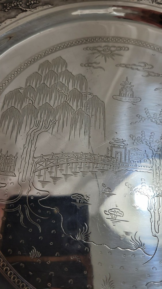 ORIENTAL STERLING SILVER ARCHITECTURAL ROUND TRAY