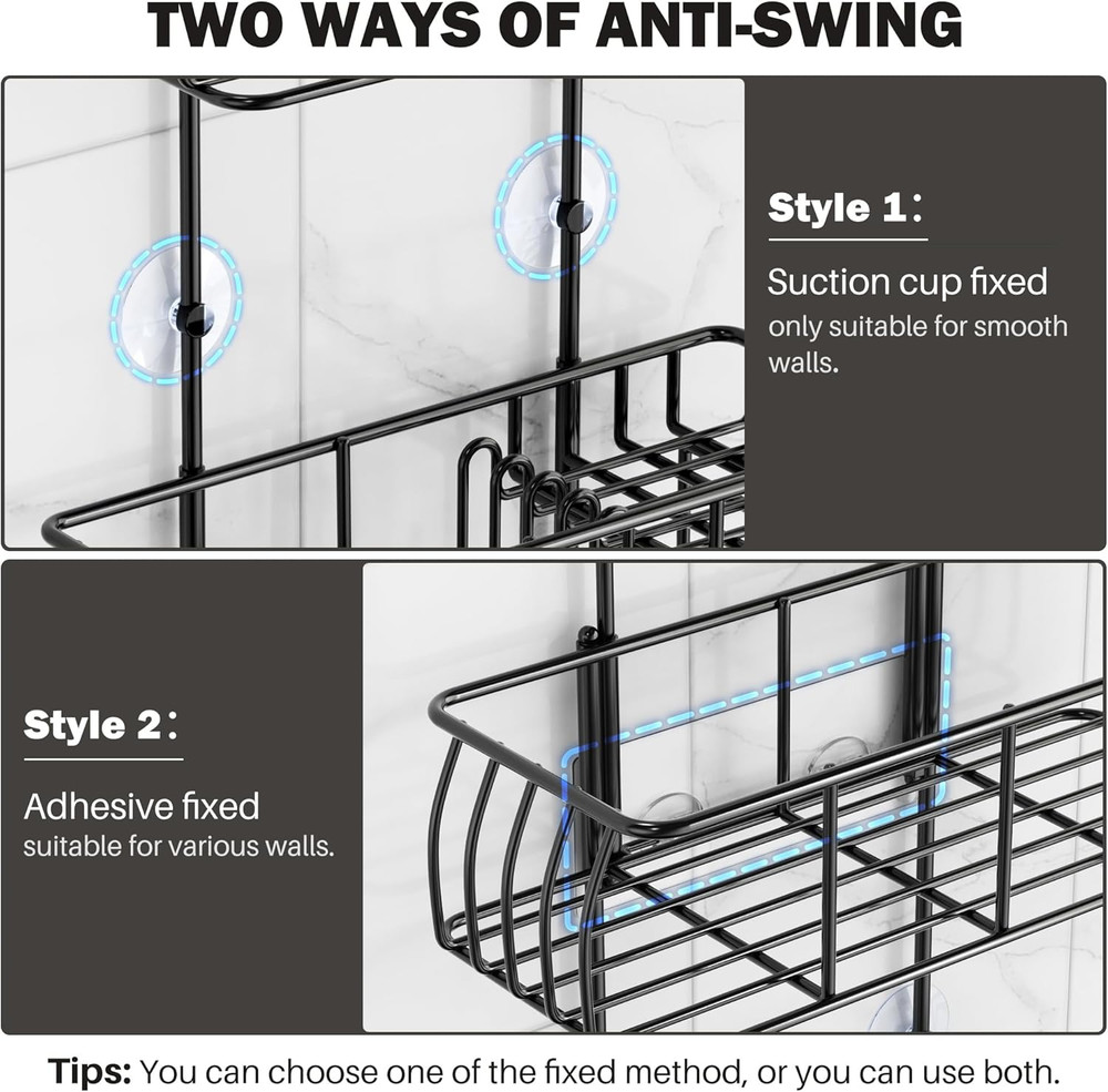 Epicano Overhead Shower Caddy Hanging Rustproof Hooks Towel Sponge Matte Black