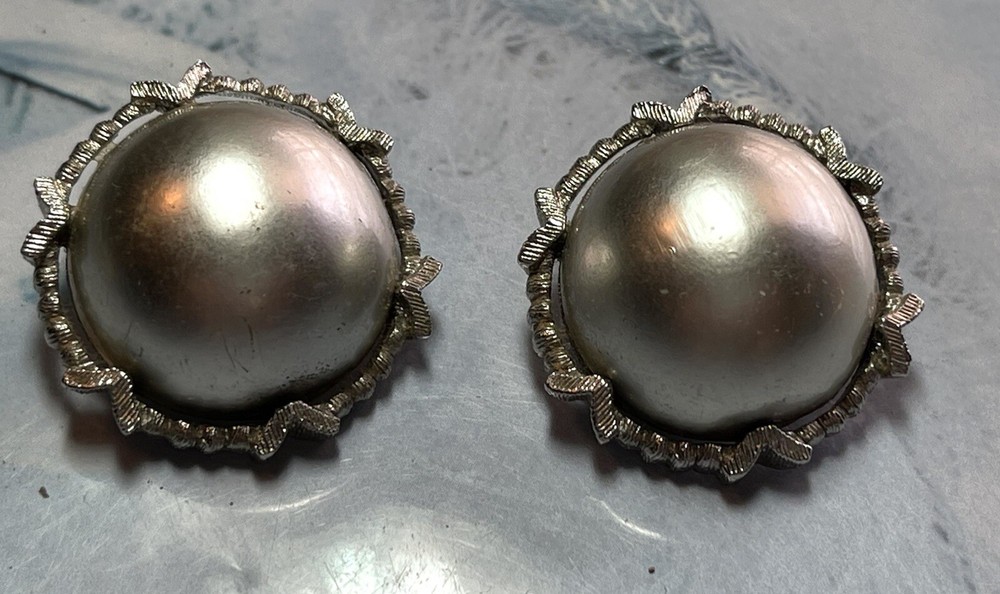 Fancy Clip on Silver Tone -Silver Grey Big Bead Earrings