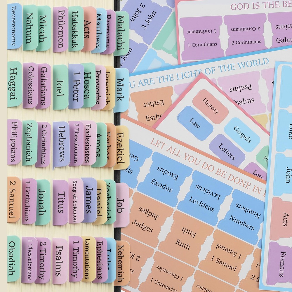 Laminated Bible Tabs with ColorCoded Content Stickers, 75 pcs, Large Print I...