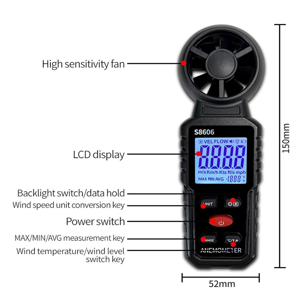 3 in 1 Handheld Anemometer Wind Speed Meter Gauge