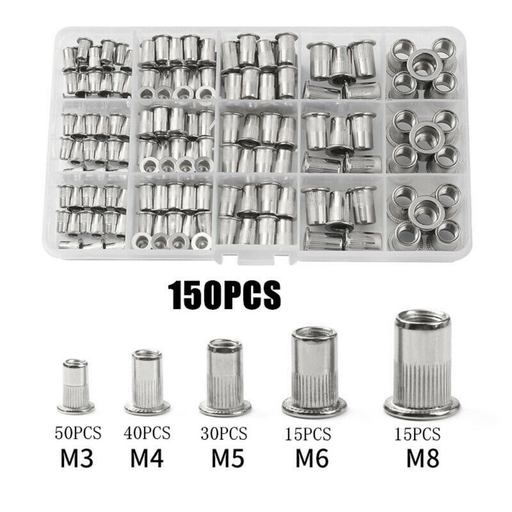 150Pcs RIVET NUT Flat Head Threaded Insert Aluminum Rivet Nutsert Set Kit