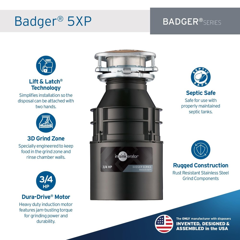 InSinkErator Badger 5XP Garbage Disposal, Standard Series 3/4 HP Continuous Feed