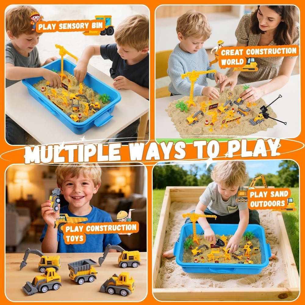 Construction Sensory Bin with Lid, 2.64lbs Magic Sand, Construction Trucks, T...