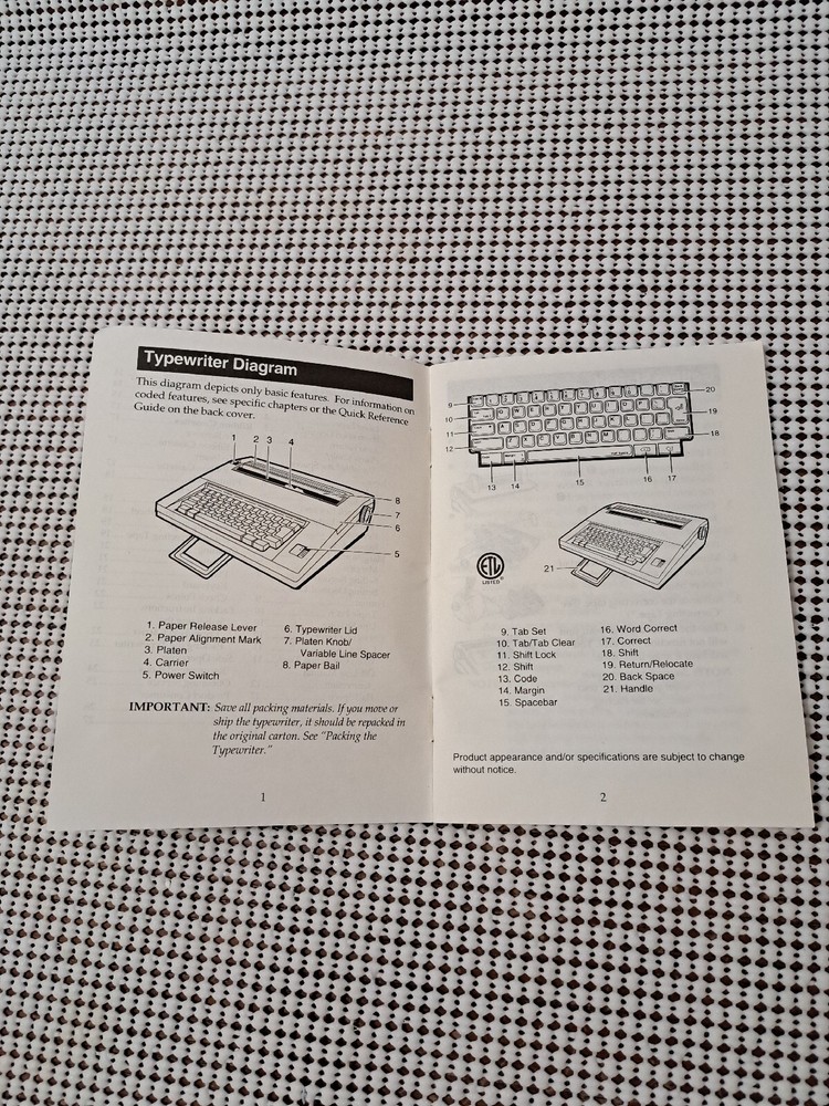 Quick Reference Manual, Smith Corona Sterling & Enterprise Electronic Typewriter