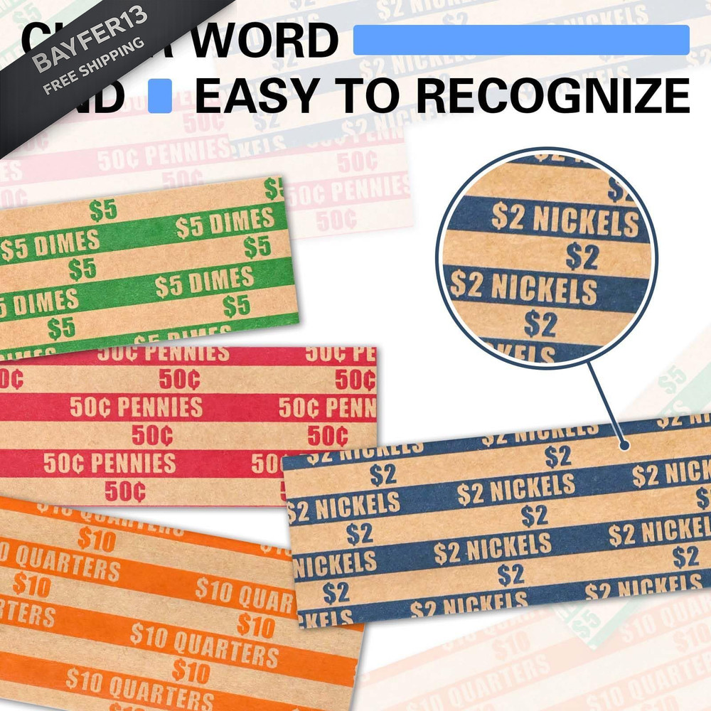 ESSENTIAL 100 pcs Assorted Packed Flat Stripped Coin Wrappers, 100-Assorted