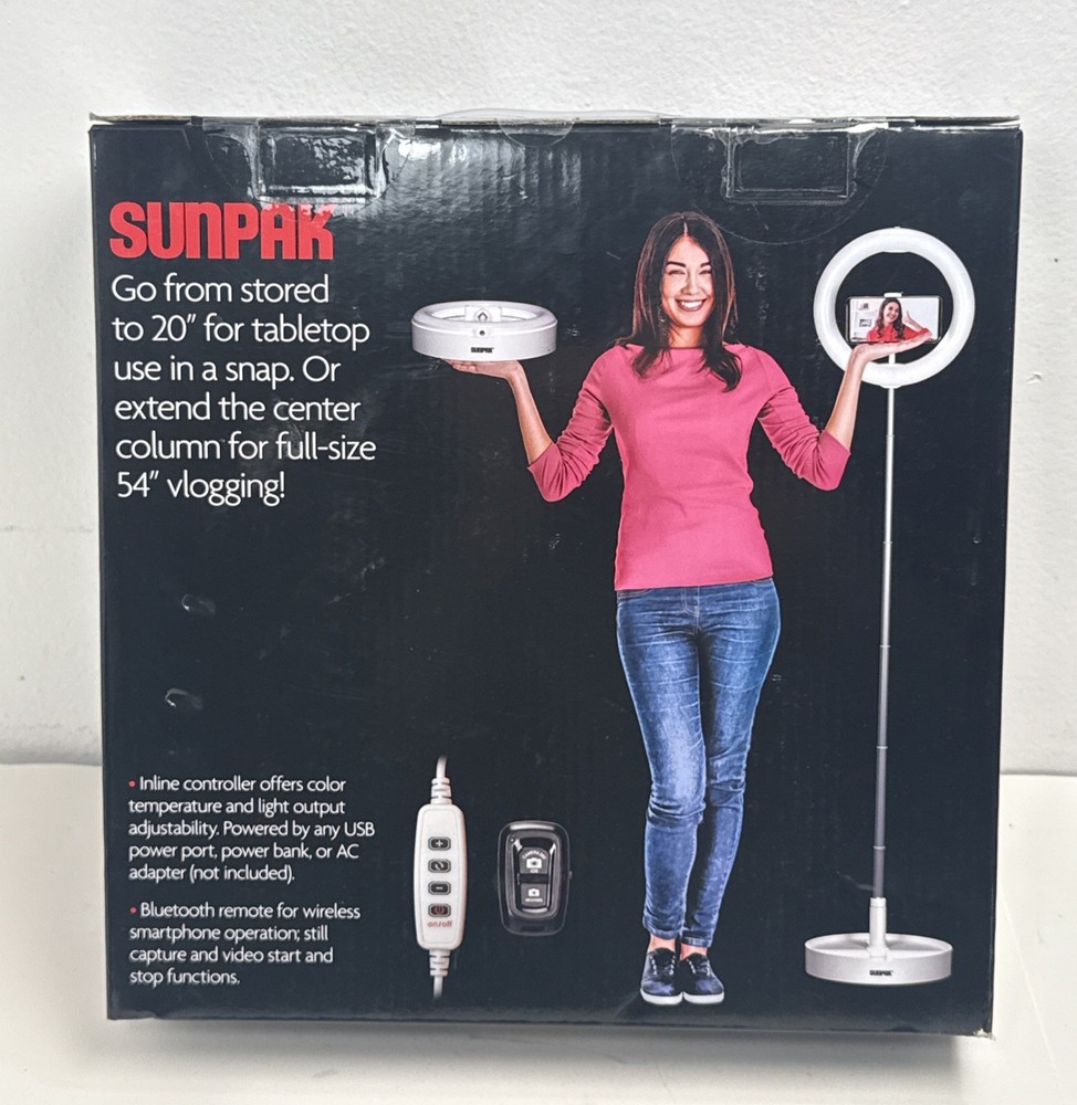 Sunpak Compact Folding Vlogging Kit Ring Light Bluetooth Remote White