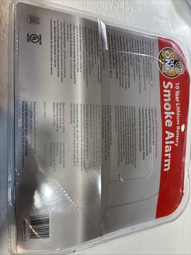 Kidde Code One Smoke Alarm With A 10 Year Battery Never Needs Replacement.