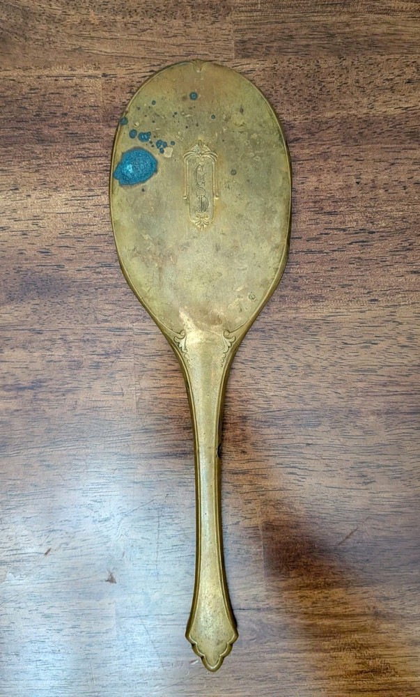 Antique Victorian Hand Held Vanity Mirror Engraved Initials