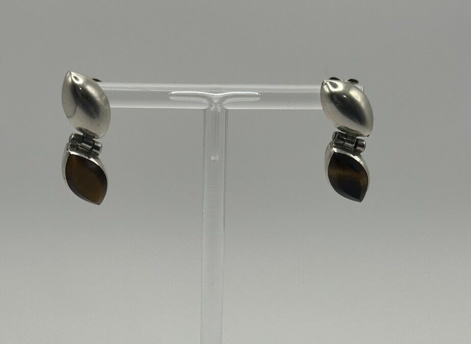 Mexico Tiger Eye Silver Stud Earrings Marked 950